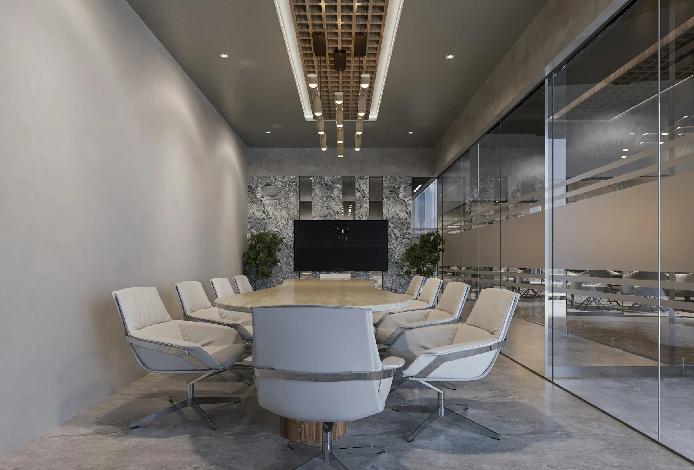 Installed linear ceiling lighting and recessed downlights in a Dubai meeting room