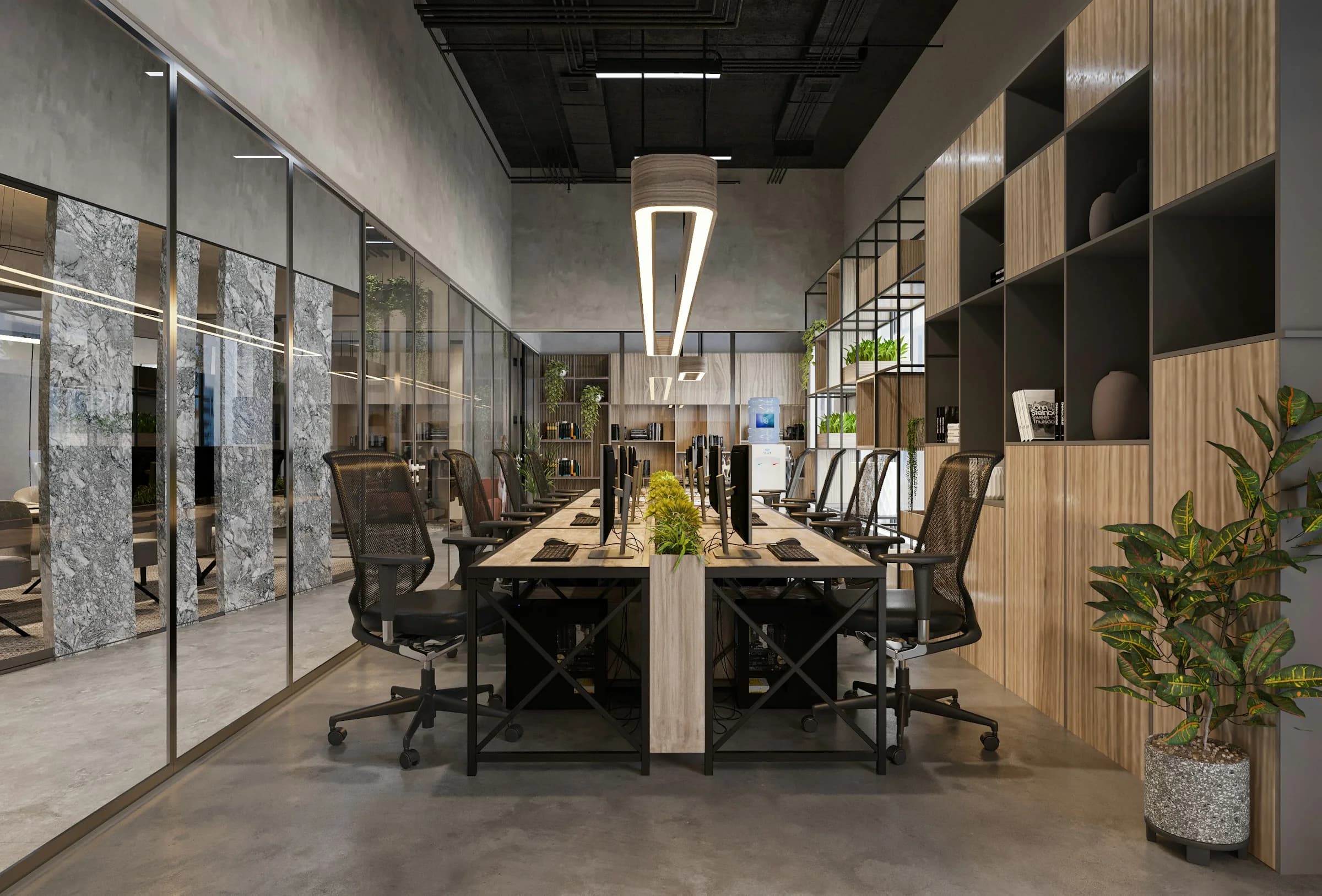 Completed Dubai office fit-out with glass partitions, wall panels, flooring and coordinated lighting