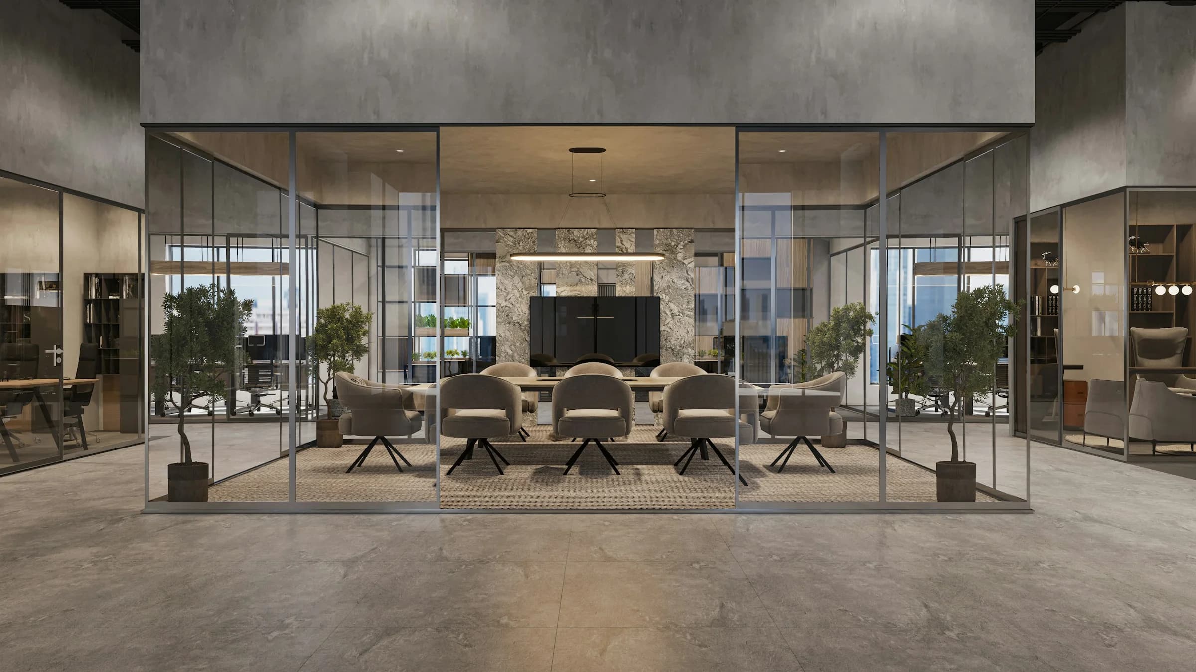 Framed glass partitions and a meeting-room door in a completed Dubai office fit-out
