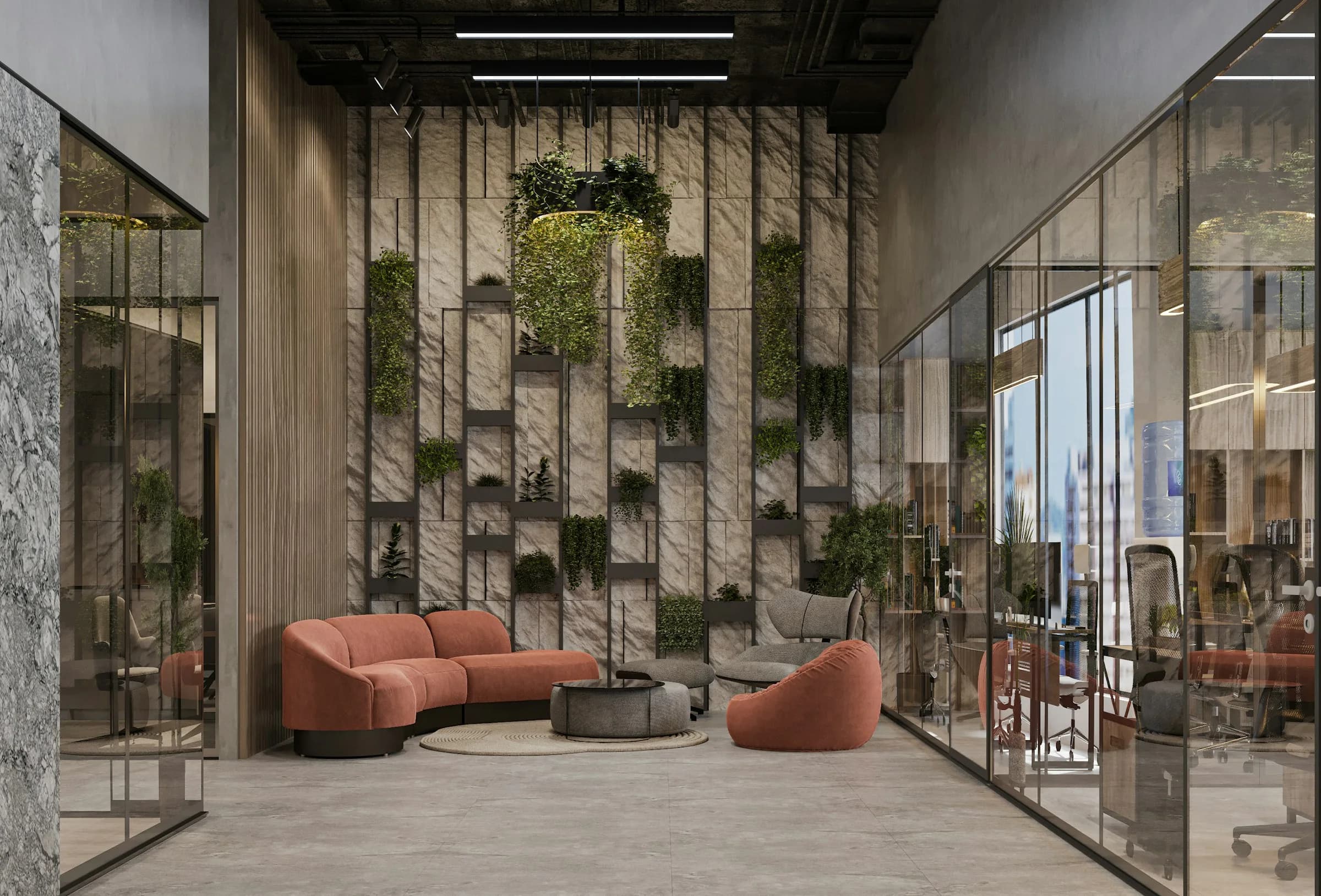 Dubai office lounge with decorative wall panels, glass partitions and finished flooring