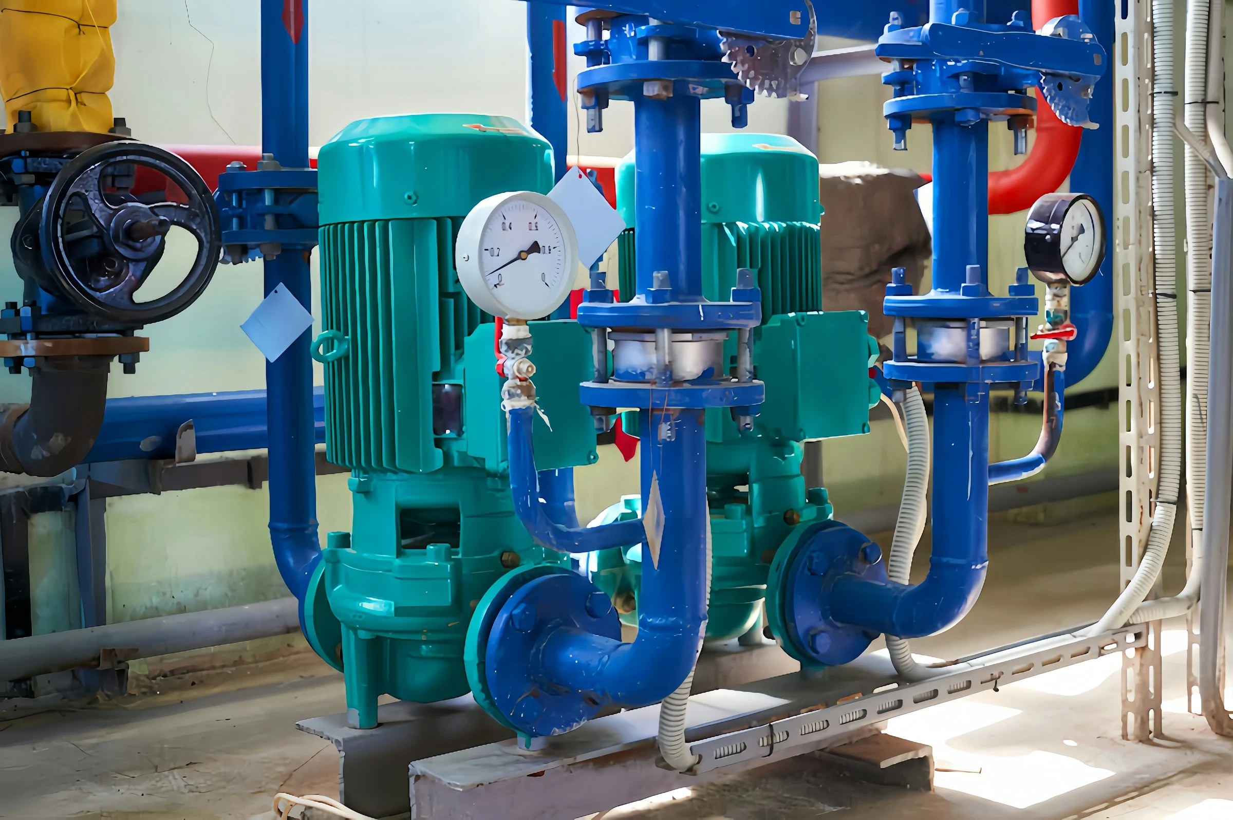 Water pumps, electric motors, valves, pressure gauges and pipework in a Dubai plant room