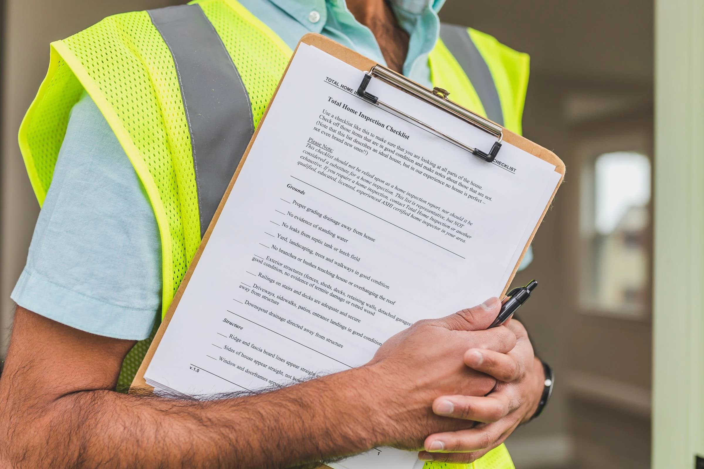 Inspector holding a property inspection checklist and pen
