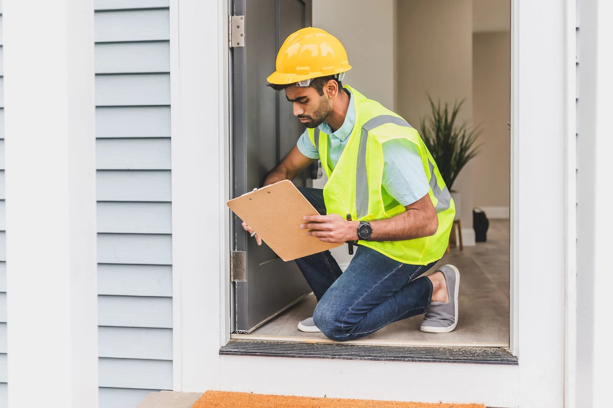 Property inspector checking a doorway and recording its condition